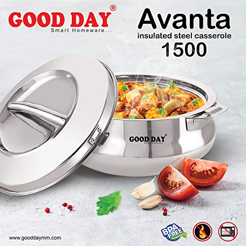 Image of Good Day Avanta-15 Insulated Stainless Steel Serving Casserole with Lid, 1500 ml, Silver