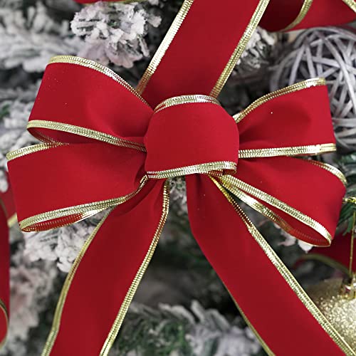 Aimudi Red Velvet Ribbon 1.5 Inch Red Christmas Ribbon Wired Velvet Wired Ribbon With Gold Trim Red And Gold Ribbon For Christmas Tree Decorations Topper Bows Holiday Gift Wrap - 25 Yards #TOP5