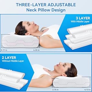 zibroges Sandwich Cervical Neck Pillow Queen Size, Memory Foam Pillow for Sleeping, Adjustable Contour Ergonomic Orthopedic Cooling Pillow for Side, Back & Stomach Sleepers