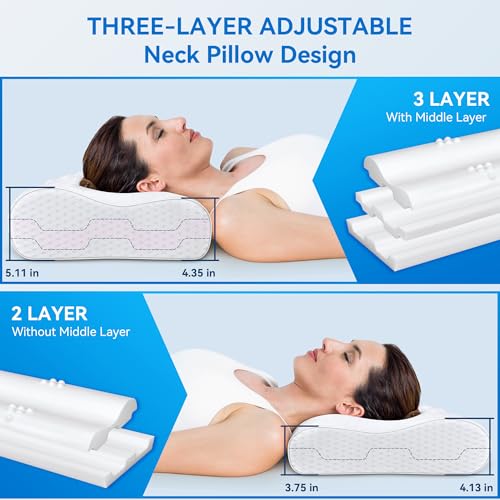 Cervical Pillow for Neck Pain Relief- Queen Size Cooling Pillow for Sleeping, Memory Foam Pillows for Neck Shoulder, Ergonomic Adjustable Contour Bed Pillow for Side, Back & Stomach Sleepers