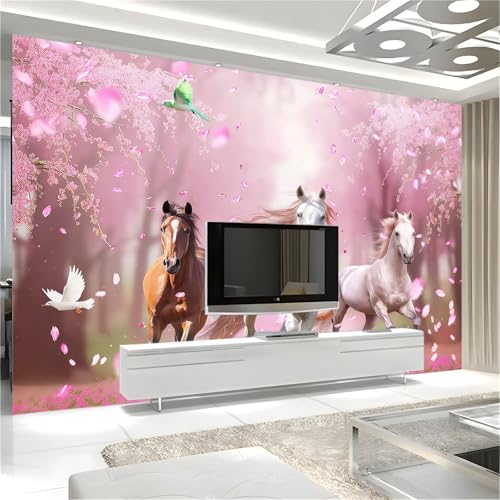 Papier peint photo 3D cheval et cerisier en fleurs forêt 300x210 cm
