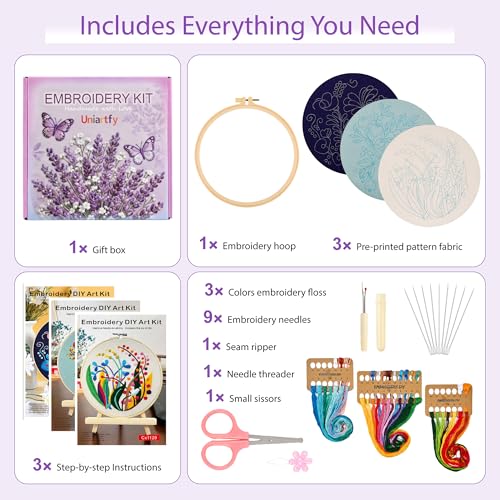 Image of Uniartfy 3 Pack Embroidery Starter Kit for Beginners, Stamped Cross Stitch Kits for Adults with Flowers Plants and Fruits Patterns with 1 Embroidery Hoop and Color Threads, Handmade Needlepoint Kits