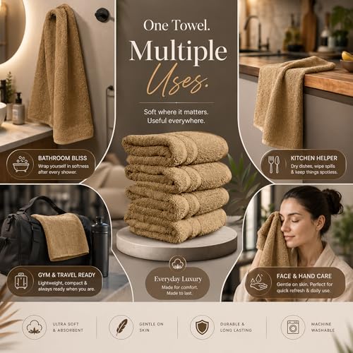 Image of Divine Casa Cotton Hand Towels Pack of 4 Brown & Grey, 550 GSM Ultra Soft & Highly Absorbent Thick Bathroom Towels, 60 x 40 cm