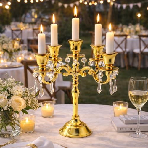 Image of Premium 8Inch Golden Aluminum 5-Arm Candle Stand with Crystal Hangings | Luxury Centerpiece for Home Decor, Weddings, Festive Decoration & Dining Table