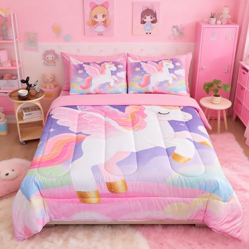 Image of Pink Unicorn Bedding Full Size for Girls 7 Piece,3D Colorful Rainbow Unicorn Comforter Set for Girls, Ultra Soft and Fluffy, Horse Bed Set with Comforter Sheets Pillowcase & Sham