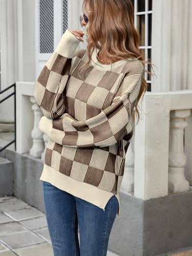 Famulily Womens Long Sleeve Crew Neck Sweater Color Block Plaid Checker Pullover High Low Side Slit Pullover3
