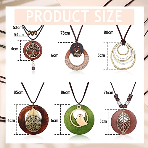 Fansilver 6Pcs Long Pendant Necklaces For Women Handmade Boho Vintage Wood Necklace Bird Leaf Tree Layered Pendant Necklace Brown Sweater Y Necklace Fashion Hippie Jewelry #TOP5