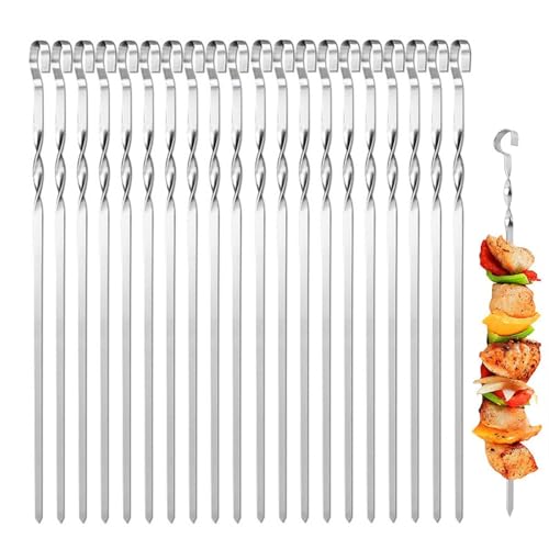 Spiedini per barbecue - Spiedini lunghi riutilizzabili in acciaio inossidabile | 20 pezzi di spiedini per shish kebab, per pollo, verdure, gamberetti, frittura, frutta, campeggio, picnic, feste