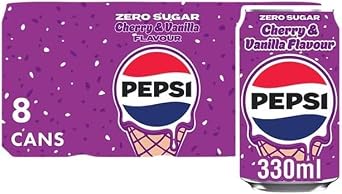 Pepsi Cola Carbonated Soft Drink Cans Pack of 8 330 ml Each | Classic Refreshing Beverage | Perfect for Sharing & Celebrations Pepsi Cherry & Vanilla Flavour 8 x 330ml
