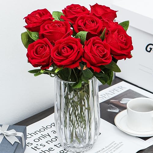 Sredumn 16PCS Artificial Roses, Fake Velvet Rose Single Flowers with Stem,for Wedding Decoration Home Garden Garty Centrepieces(Red) - Image 2