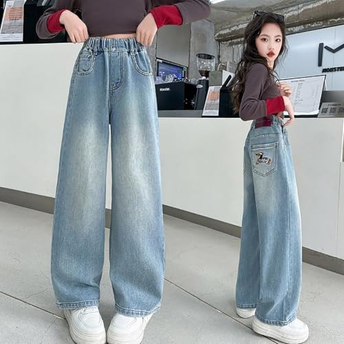 Girl's Star Applique Straight Wide Leg Denim Pants Striped Bow Rise Jeans with Pocket Y2K Streetwear 4-15 Years3