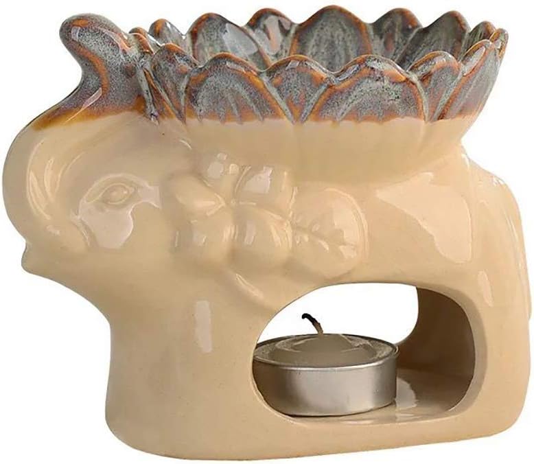 DoDola Ceramic Elephant Essential Oil Burner Aromatherapy Diffusers Tea Light Holder for Amora, Spa, Yoga, Meditation, Zen - Beige