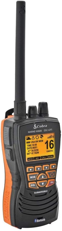 Cobra MR HH600FLTBTGPS Handheld Floating VHF Radio – 6 Watt, GPS, Bluetooth, Submersible, Noise Cancelling Mic, Backlit LCD Display, Memory Scan, Grey