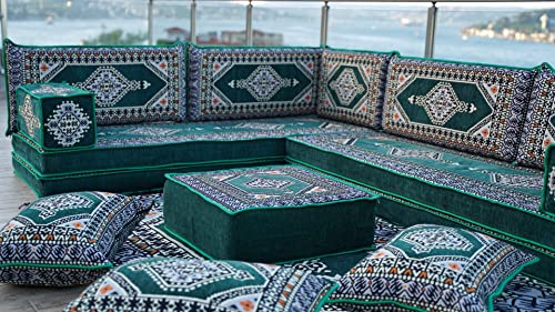 Green L Shaped Premium Quality Floor Sofa Set, Floor Cushions, Balcony Patio Sofas, Pallet Sofa, Ethnic Sofa, Moroccan Sofas, Sectional Sofas (L Sofa Full Set) #TOP1