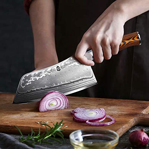 Image of TUO Cutlery Cleaver Knife - Japanese AUS-10 45-Layers Steel - Chinese Chef's Knife Featured Damascus Rose Pattern - Meat and Vegetable Cleaver with Ergonomic Pakkawood Handle-7 inch-Fiery Phoenix | Chinese Chef's Knife Featured Damascus Rose Pattern - Meat & Vegetable Cleaver, Ergonomic Pakkawood Handle - Fiery Phoenix