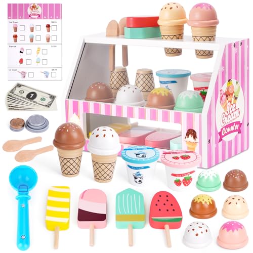 Image of Ice Cream Toy, Wooden Pretend Play Toys Play Store for Kids, Wooden Ice Cream Play Set with Scoop, Menu, Fake Money, Ice Cream Toys Play Kitchen Food Gifts for 3 4 5 6 Year Old Toddlers Girls Boys