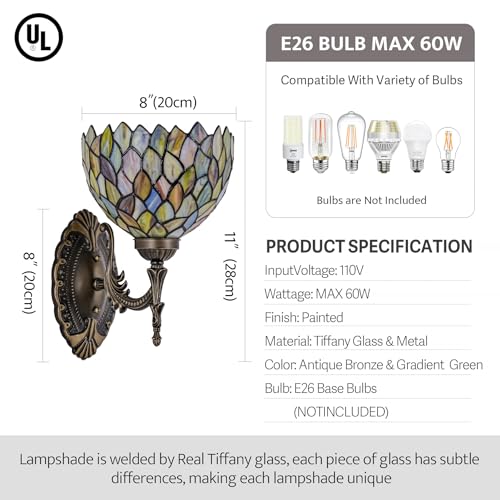 Image of Tiffany Wall Sconce Hand-Weld Stained Glass Bedside Lamp with Classic 8 Inches Wisteria Green Lampshade for Bedroom Hallway Living Room Home Office