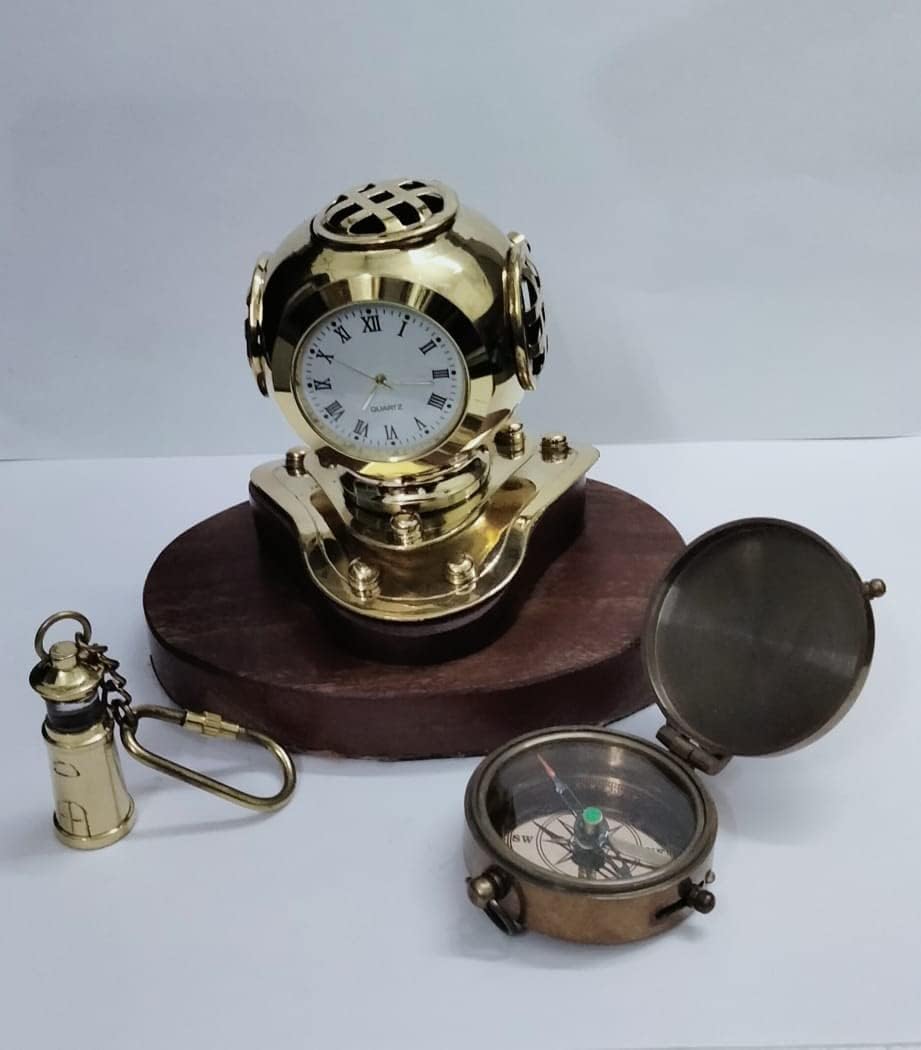 Brass Tabletop Item | Nautical Copper & Brass Navy Mark V Diving Helmet Wooden Base | Diving Helmet with Clock | Plus Compass & Keyring | Set of 3 Handmate,by TSSI Handicraft