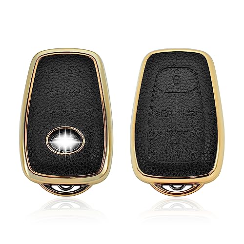 Image of JVCV Premium Soft Gold Border TPU Leather Pattern Key Cover Compatible with Tata Nexon, Harrier, Tiago EV, Altroz, Tigor, Safari, Nexon EV, Punch, Punch EV 4 Button Smart Key (Black)
