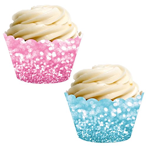 Andaz Press Party Cupcake Wrapper Decorations, Faux Pink and Baby Blue Glitter, 24-Pack, Gender Reveal Boy or Girl Baby Shower Theme Colored Bulk Cake Supplies