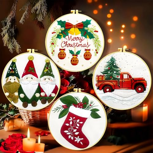 Image of Zhenqing Christmas Embroidery Kit for Beginners - 4 Piece 29x29cm Round Hoop Art with Pre-Printed Cotton Fabric, Embroidery Hoop, Threads & Tools (Merry Christmas, Stocking, Truck, Gnomes)