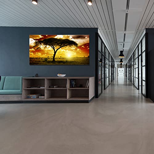 African Tree Sunset Animal Scenic Landscape Home Office Living Room Wall Art Large Natural Africa Artwork Framed Canvas Print Vintage Home Décoration 20X40Inch Farmhouse Wall Hanging Decor #TOP6