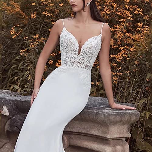 Robes de mariée sirène satin galbant avec décolleté plongeant et dentelle sexy - 5