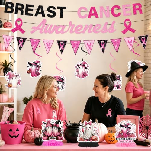 Image of Breast Cancer Awareness Decorations, 12PCS Breast Cancer Awareness Month Party Banner Hanging Swirls Honeycomb Centerpieces Decor Set, Halloween Pink Ribbon Party Supplies for Women