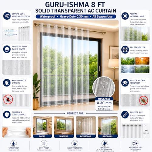 Image of 8 ft Solid Transparent AC Curtain | Waterproof Heavy-Duty 0.30 mm | Dust Wind Rain Protection, Mold & Mildew Resistant | All Season Use for Door, Window & Bathroom (Pack of 1)