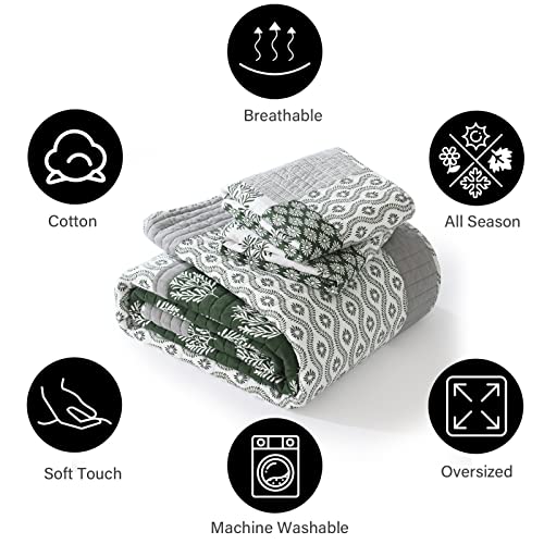 Pangushan Quilt Set Queen Size, 100% Cotton Bedspread Quilt Bedding Set, Patchwork Reversible Quilt For Queen Bed, Olive Green/Grey/White Bed Spread, Lightweight Comforter For All Season, 3 Pieces #TOP3