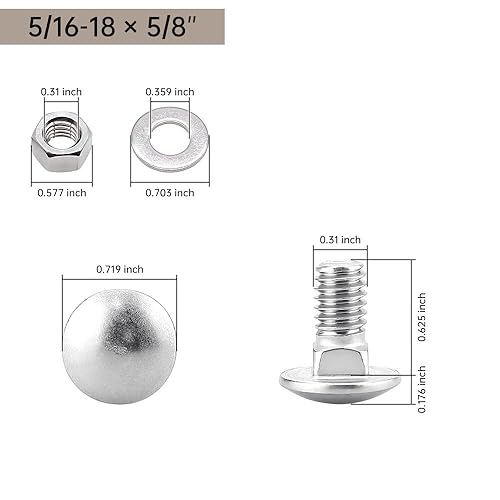 Miniatura 42 de Glvaner Tornillos de acero inoxidable de 3/8-16 x 3-1/2 pulgadas, cabeza redonda, cuello cuadrado, tuercas hexagonales y arandelas planas, acero