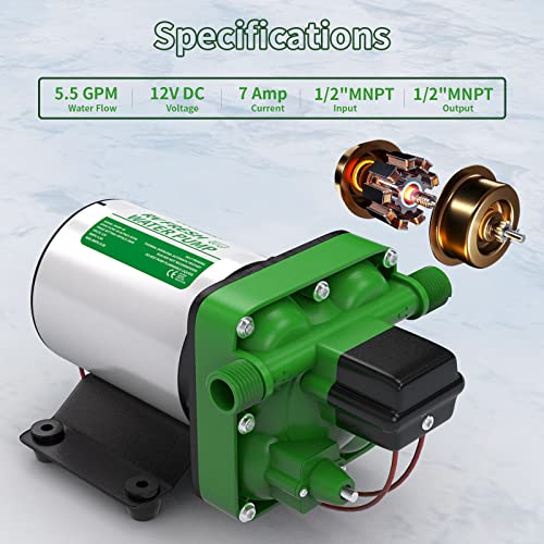 Rvguard Fresh Water Pump, 12V Dc Self Priming Diaphragm Water Pump, 5.5 Gpm With Strainer Filter, Adapters, For Rv, Yacht, Garden, Camper #TOP1