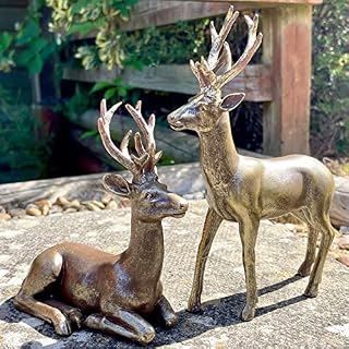Stag Ornaments Set Of 2 Antique Gold Resin Sitting Standing Deer Figurines Gift