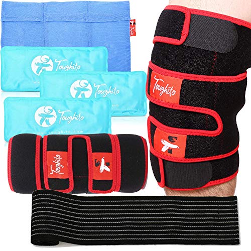 TOUGHITO Knee Ice Pack Wrap - 4 in 1 Knee Pain Relief Brace for Joint Pain, Bursitis Pain Relief, Knee Injury, Arthritis, Meniscus Tear, ACL, Sprains & Swelling - Plus Ice Pack Sleeve & Strap