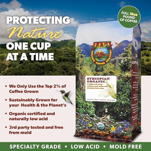 Java Planet Low Acid Coffee, Organic Ethiopia Single Origin: Whole Bean Medium Roast - Smooth Full Flavored Coffee Bean, 1LB Bag