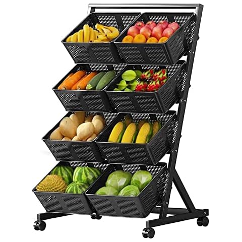 asunflower Kitchen Baskets Storage Cart 4 Tier Rolling Cart with Wheels Metal Fruit Baskets Rack Utility Organzier Cart with Push Handle Wire Fruit Vegetable Stand, Black Cover