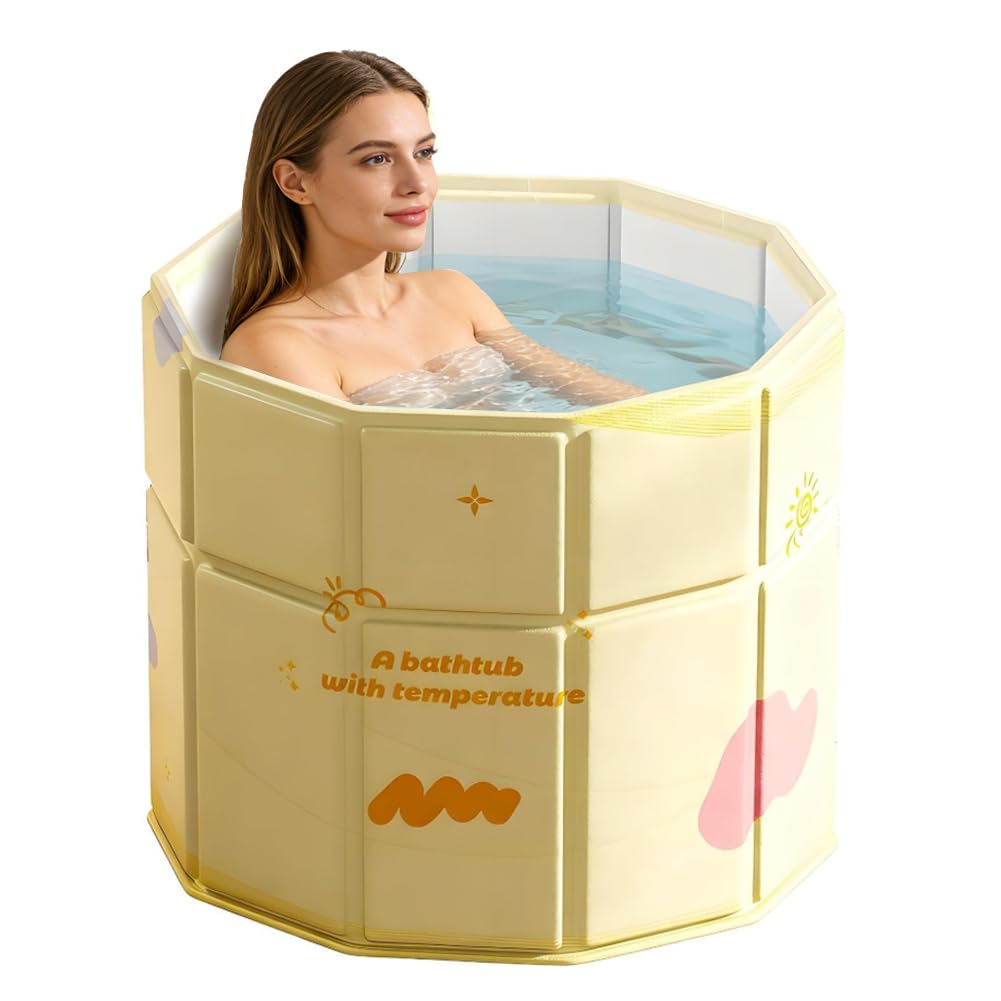 Bañera plegable amarilla de 70 cm, bañera portátil para adultos, plegable hacia dentro, compatible con ducha, bañera independiente para baño caliente y baño de hielo