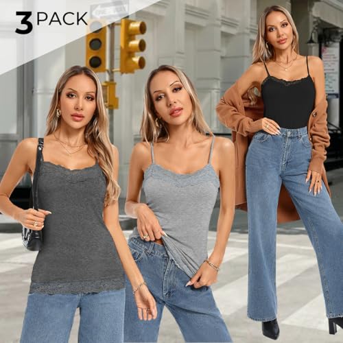 Image of Kate Kasin Women's Adjustable Spaghetti Strap Lace Trim Cami Tunic Tank Top 3PACK