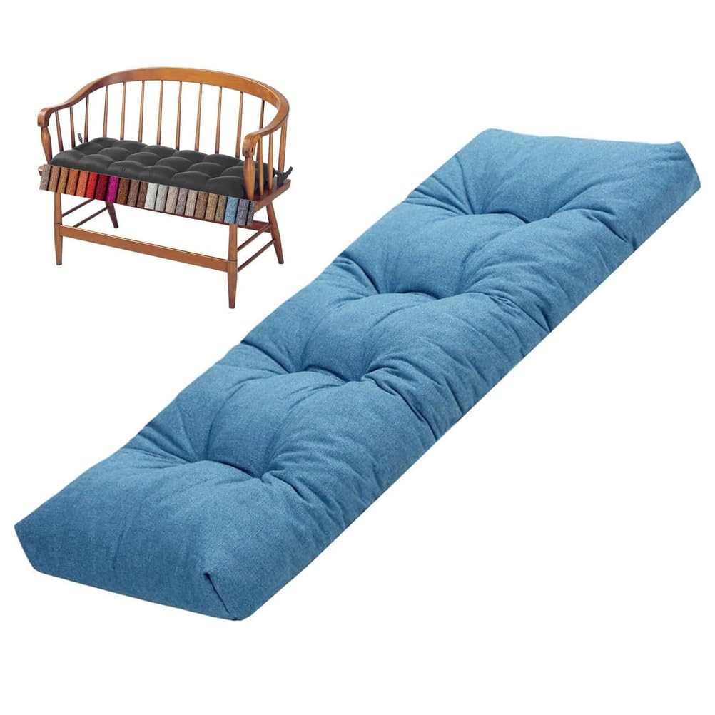 ZGantrix Bench Cushion Indoor/Outdoor,Linen Window Seat Cushion,Rectangle Bench Seat Pad for Garden Furniture Entryway Kitchen Dining Thick Chair Cushions with Non-Slip Backing,Blue,90x40x8cm
