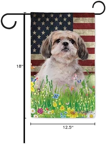 Miniatura 7 de BAGEYOU Bandera de jardín con bonito diseño de cachorro, Shih Tzu, con diseño de perro y mascota, bandera de Estados Unidos, flores silvestres,