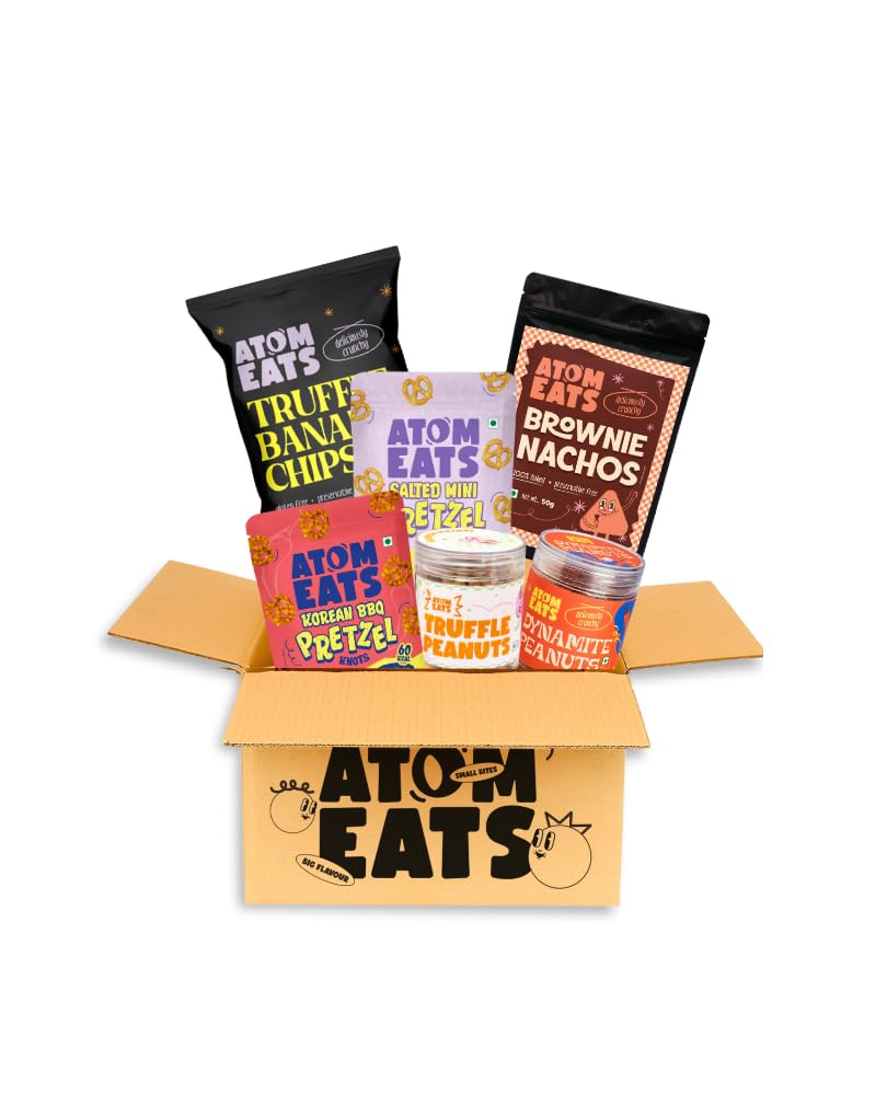 Atom Eats Father's Day Gift Hamper | Papa's Power Pack | Father's Day Hamper (Pack of 6) | Assorted Salted & Korean BBQ Pretzels, Cheese Spinkled Banana Chips, Spicy Dynamite and Cheese Sprinkled Peanuts, Brownie Nachos | Premium Gifting for Dad | Imported Quality Snacks | 400g