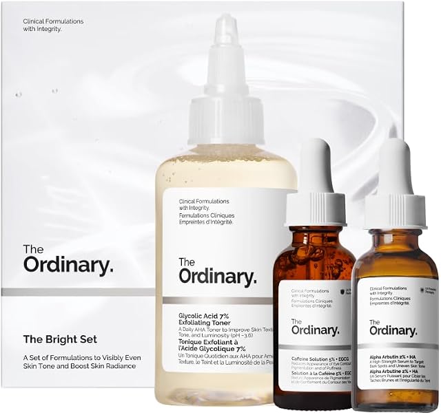 The Ordinary The Bright Set, 3-Step Regimen for Radiant, Even Skin Tone with Glycolic Acid 7% Exfoliating Toner, Alpha Arbutin 2% + HA, and Caffeine Solution 5% + EGCG Eye Serum | Skin Care Set