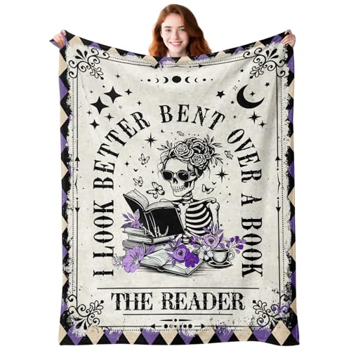 Book Lovers Gifts - Smutty Book Lover Gifts for Women - Skeleton Reading Blanket for The Reader - Bookworm Bookish Books Club Librarian Reading Gift - Gothic Spicy Blanket for Christmas Birthday 50x60