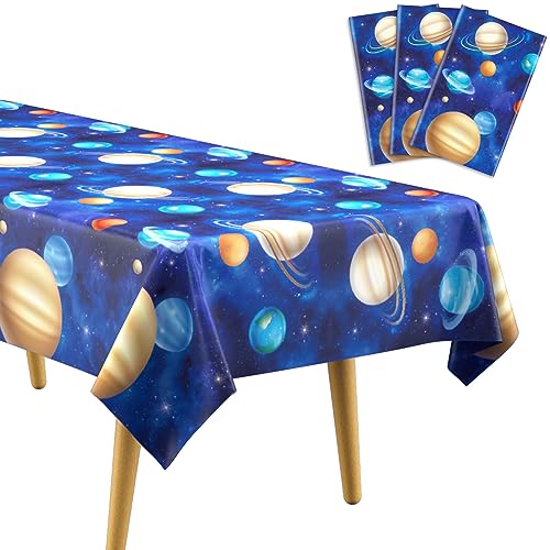 DECORLIFE 3 Pack Plastic Space Tablecloth, 54" x108" Tablecloths for Solar Eclipse Party Supplies, Waterproof and Sturdy, Planet Galaxy Birthday Party Decorations for Table