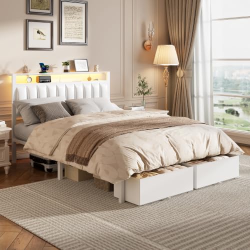 Image of Furnulem White Queen Bed Frame with PU Upholstered Headboard & 2 Drawers