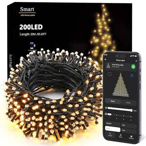 Image of Brizled Smart String Lights, 65.61ft 200 LED Christmas Lights with APP & Voice Control, WiFi Christmas Fairy Light Warm White Music Sync Xmas Tree Lighting Green Wire for Home Xmas Tree Party Decor