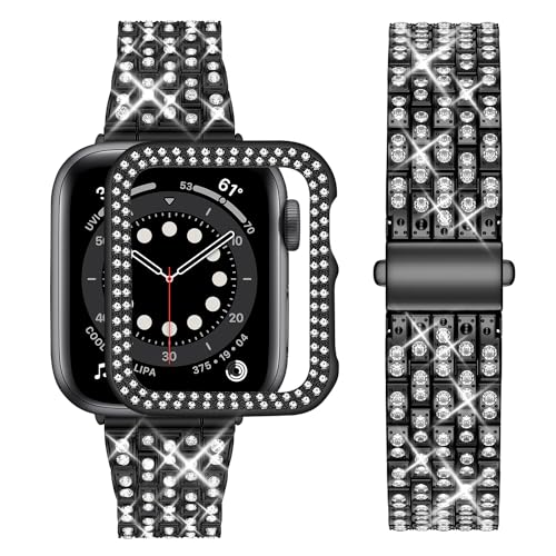 Image of Wutwuk Compatible Bling Apple Watch Strap 40mm with Bling Case, Black Sparkling Metal Woman iWatch Replacement, Black Strap Diamond Rhinestone Wristband for Apple Watch Series SE 2 SE 6 5 4 40mm Black