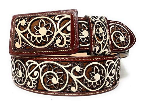 Men's Authentic Mexican Charro Belt Cinto Vaquero Lazer Cincelado Western Belt (42)
