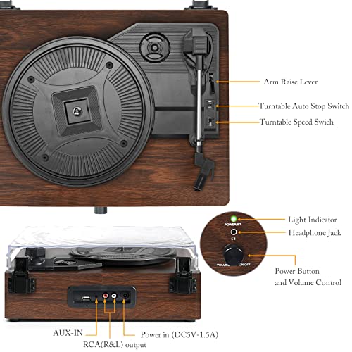 Image of Vinyl Record Player with Built-in Speakers and USB,Belt-Driven Bluetooth Turntable with 3 Speed AUX Input Headphone Jack and RCA Output Vintage Wooden Coffee