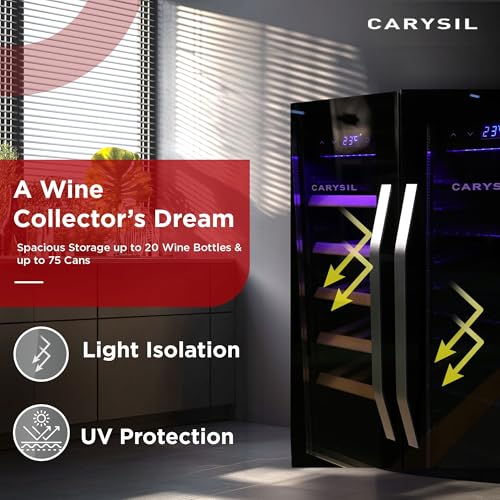 Image of Carysil Wine Chiller & Soft Drink Cooler, Stores up to 20 Wine Bottles & up to 75 Cans, Free Standing, Dual Zone (3C-12C White Wine & 12C-20C Red Wine), Toughened Glass Door, Ideal for Home